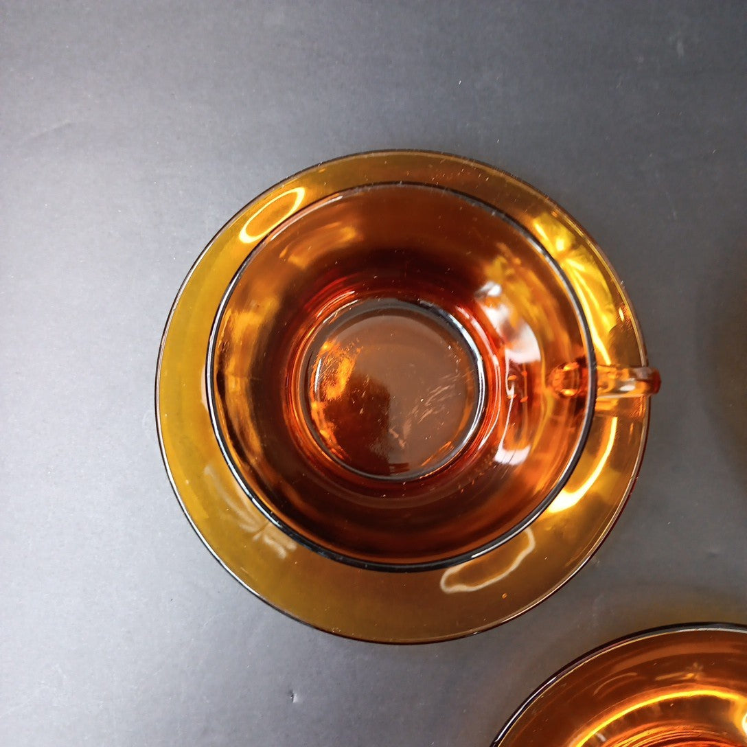 1970’s 3 Sets Duralex France Amber Glass Cups & Saucers Very Good Condition FR