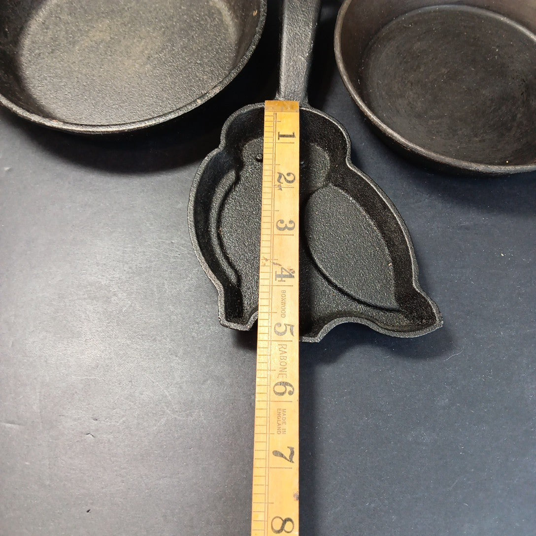 3 X Small Cast Iron Pans For Camping RV Travel Eggs Etc. Owl See Photos