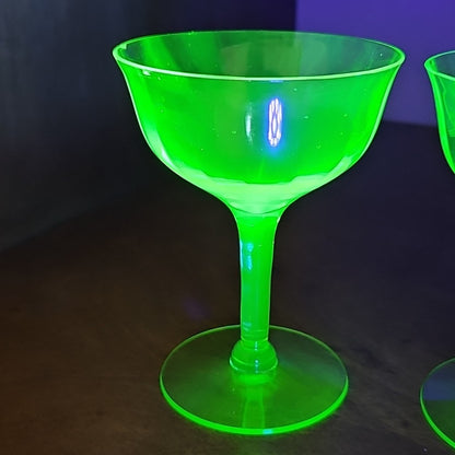 Vintage Uranium Glass Stemmed Wine Goblets  Set of 2 Glows Under 395 365