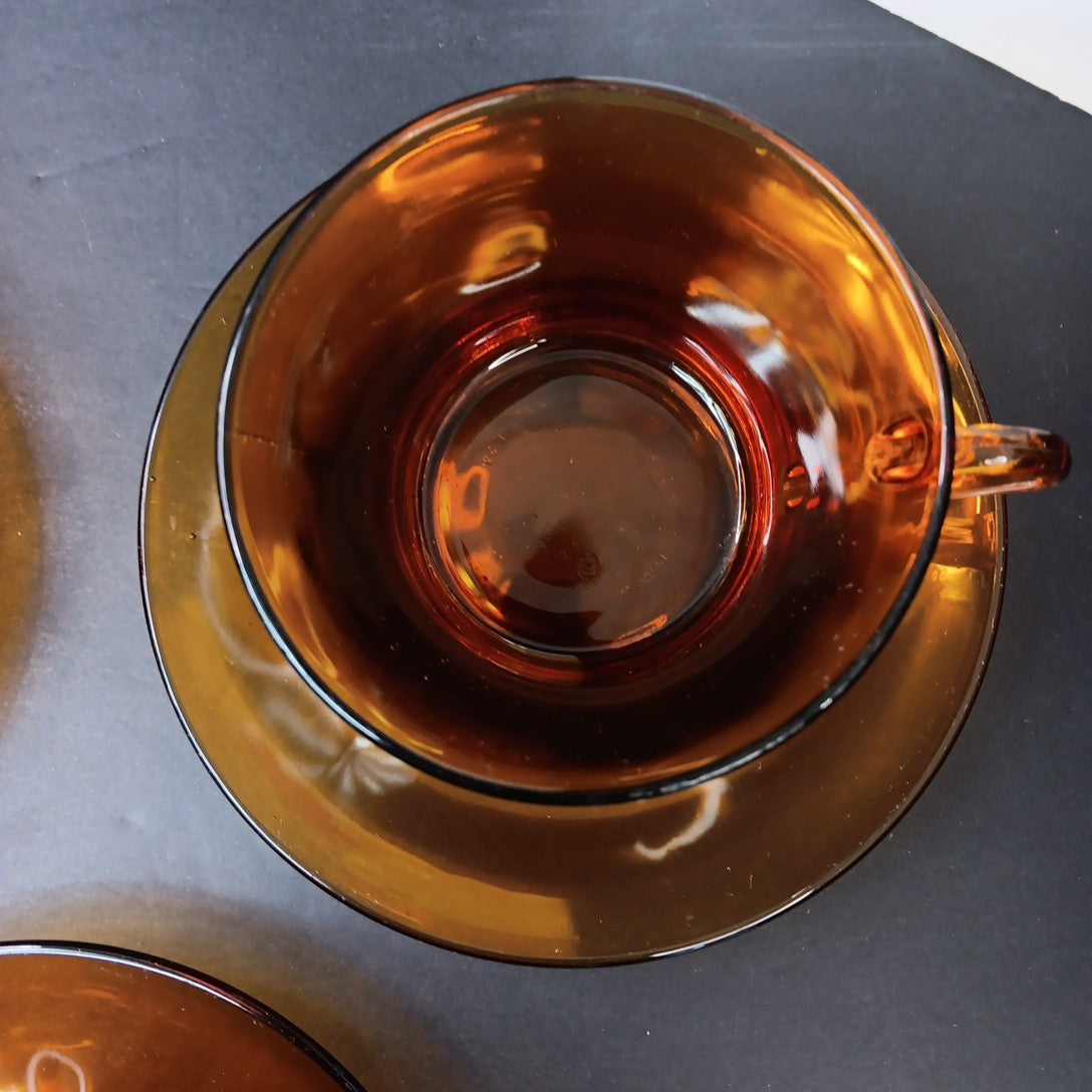 1970’s 3 Sets Duralex France Amber Glass Cups & Saucers Very Good Condition FR