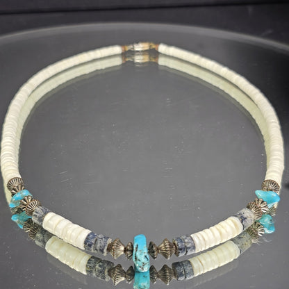 Vintage Authentic Southwest Graduated Puka Shell Necklace With Turquoise Stones