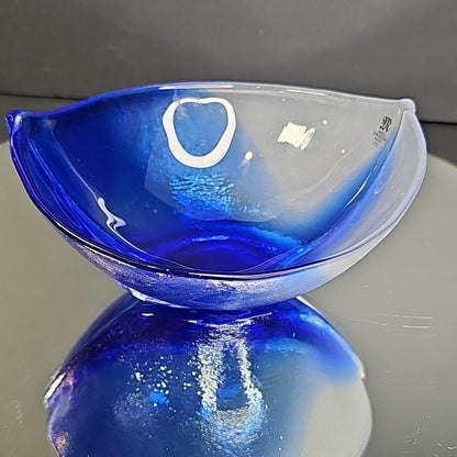 Mats Jonasson Hand Blown Glass Cobalt Blue White Dish Bowl Signed Nautical Ship