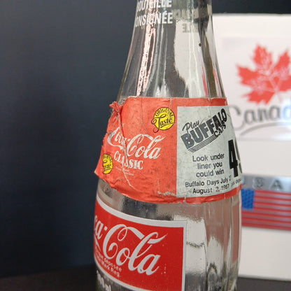 Vintage 1987 Coca Cola Canadian Bottle Buffalo Caps Sticker 300ml Canada ACL