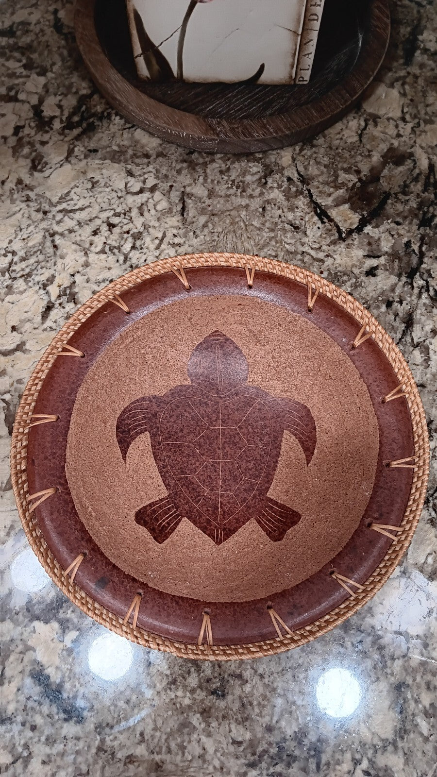 Redware Pottery Bowl With Turtle Design And Basket Weave Trim Handmade X