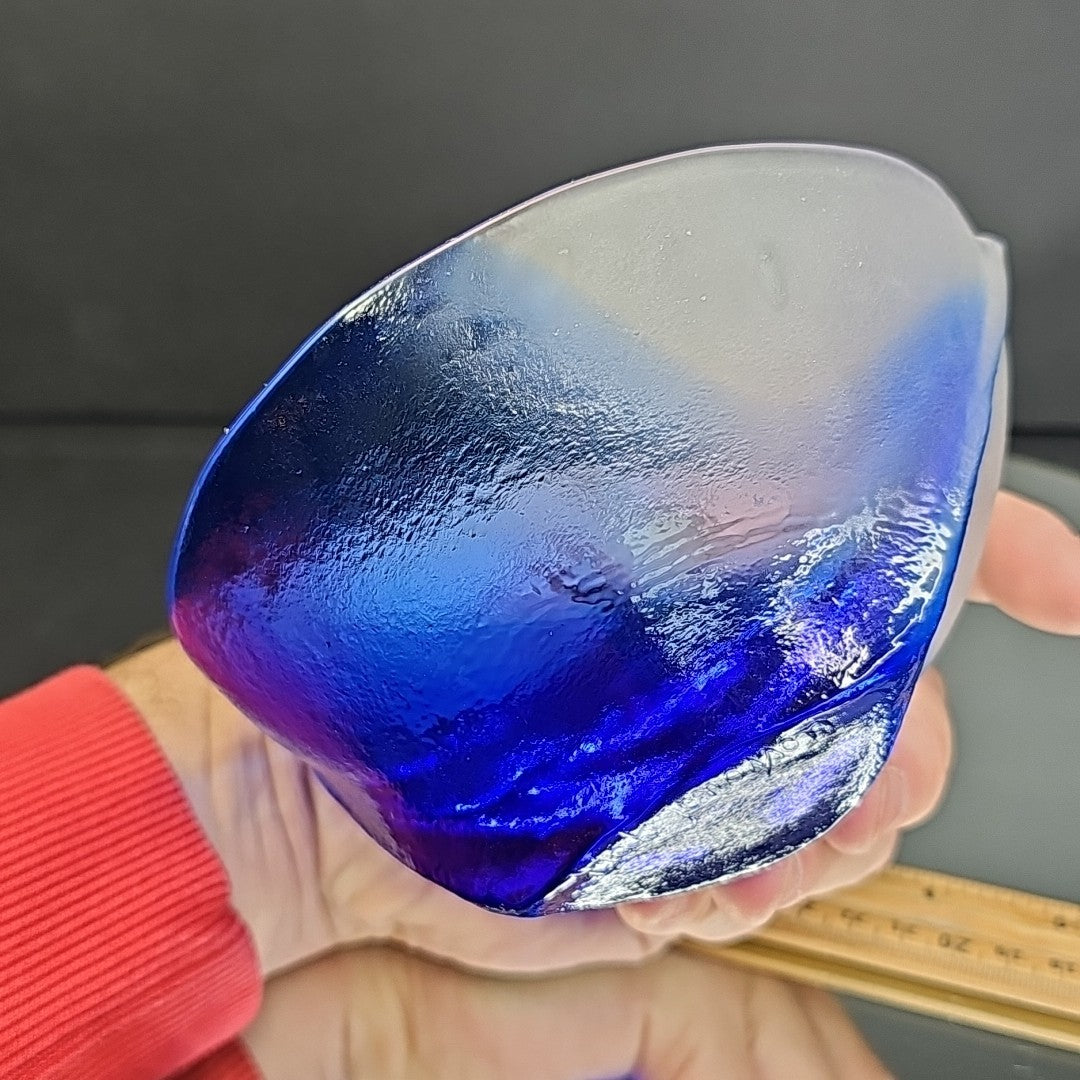 Mats Jonasson Hand Blown Glass Cobalt Blue White Dish Bowl Signed Nautical Ship