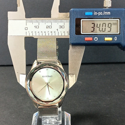 Ellen Tracy Silver Watch With Metal Band Rhinestones 34mm Face Good Condition