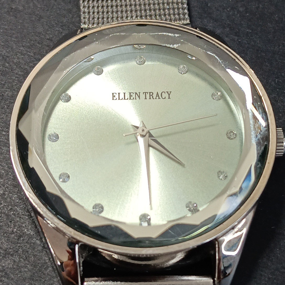 Ellen Tracy Silver Watch With Metal Band Rhinestones 34mm Face Good Condition