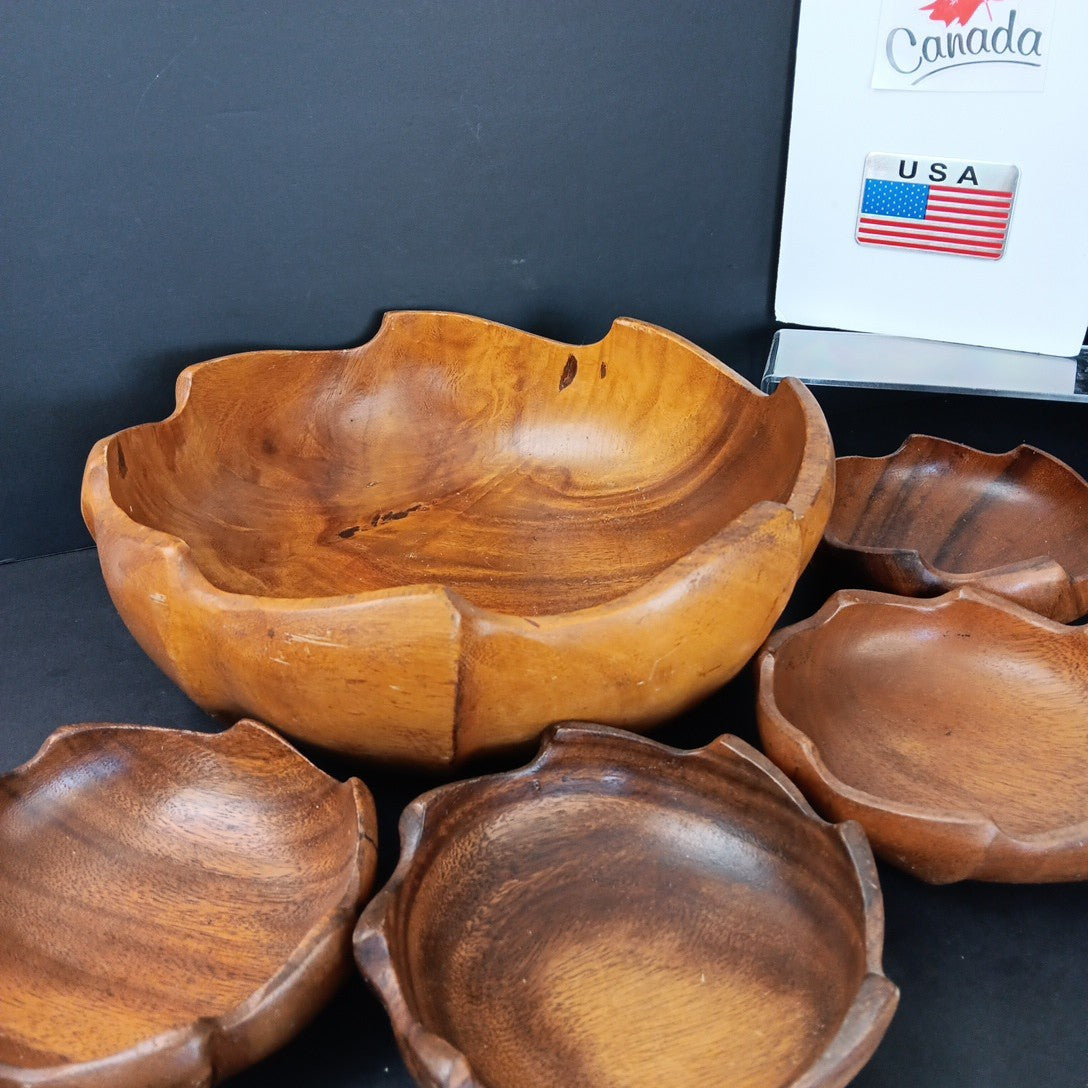 Vintage Monkey Pod Philippines Wood Salad Bowl Set ~ 5 Piece Flower Shaped