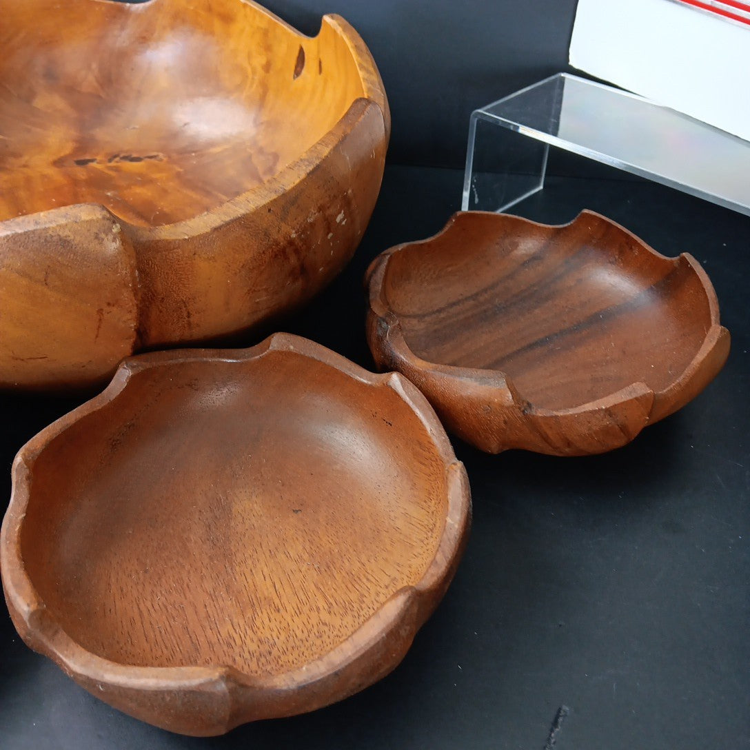 Vintage Monkey Pod Philippines Wood Salad Bowl Set ~ 5 Piece Flower Shaped