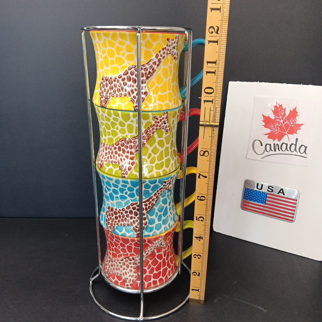 Pier 1 Imports Giraffe Stackable Coffee Tea Mugs Cups Set of 4 Has Crazing CN