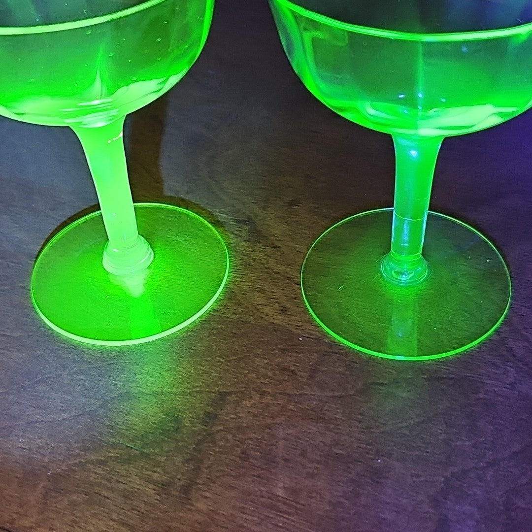 Vintage Uranium Glass Stemmed Wine Goblets  Set of 2 Glows Under 395 365