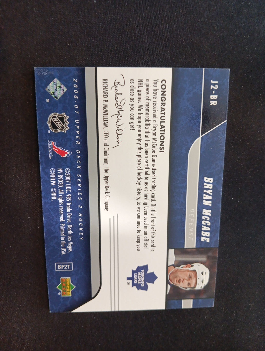 2006-07 Upper Deck Series 2 UD Game Jersey Bryan McCabe #J2-BR