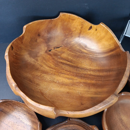 Vintage Monkey Pod Philippines Wood Salad Bowl Set ~ 5 Piece Flower Shaped