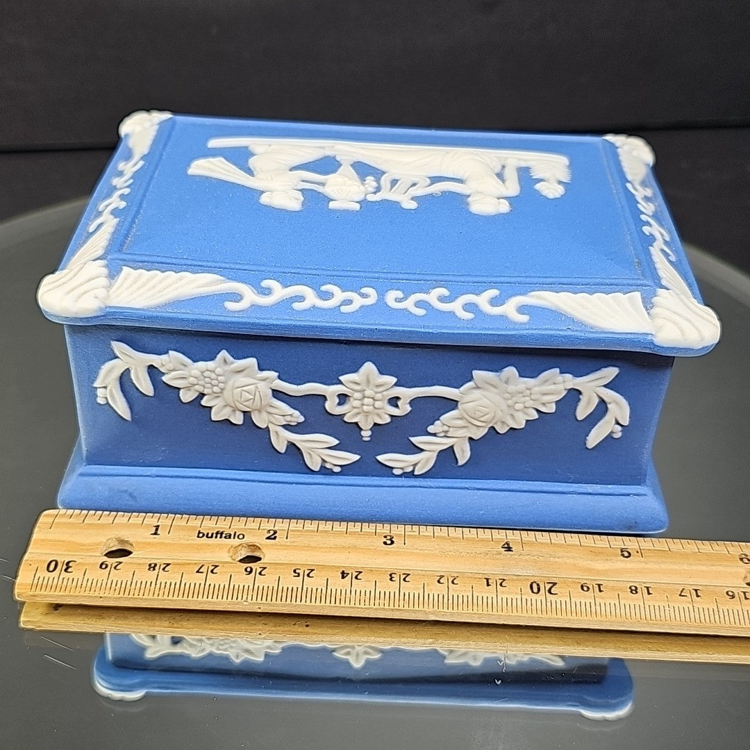 Vintage Ceramic Jewelry Trinket Box Made In Occupied Japan Blue White Art Deco