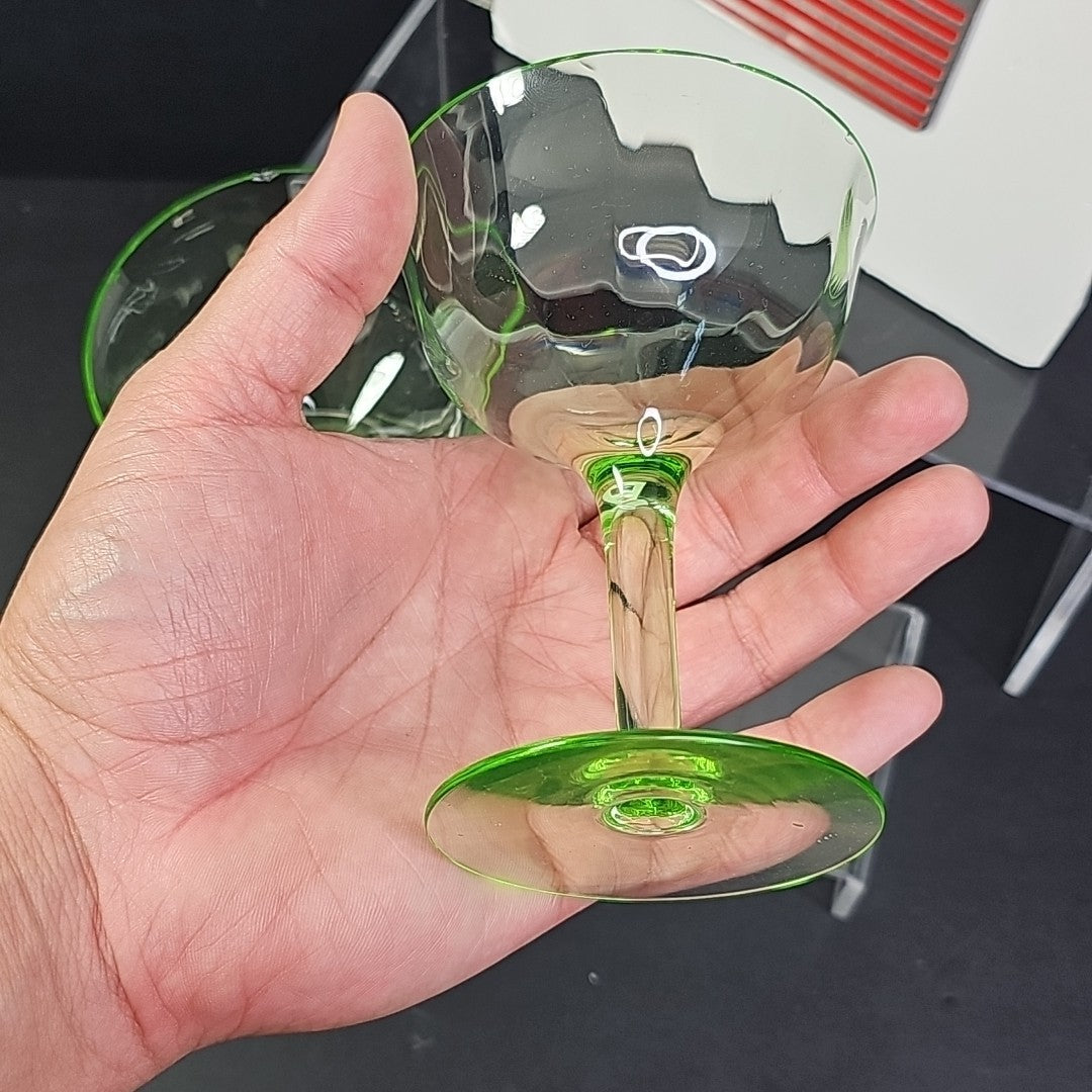 Vintage Uranium Glass Stemmed Wine Goblets  Set of 2 Glows Under 395 365