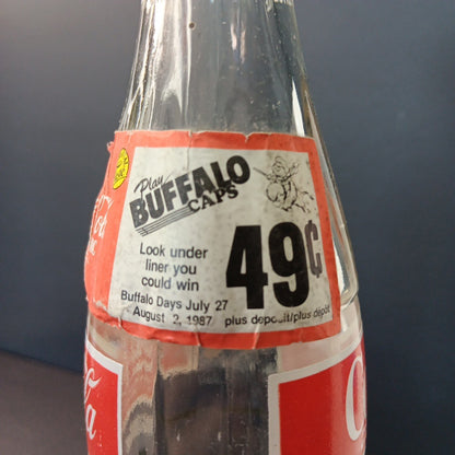 Vintage 1987 Coca Cola Canadian Bottle Buffalo Caps Sticker 300ml Canada ACL