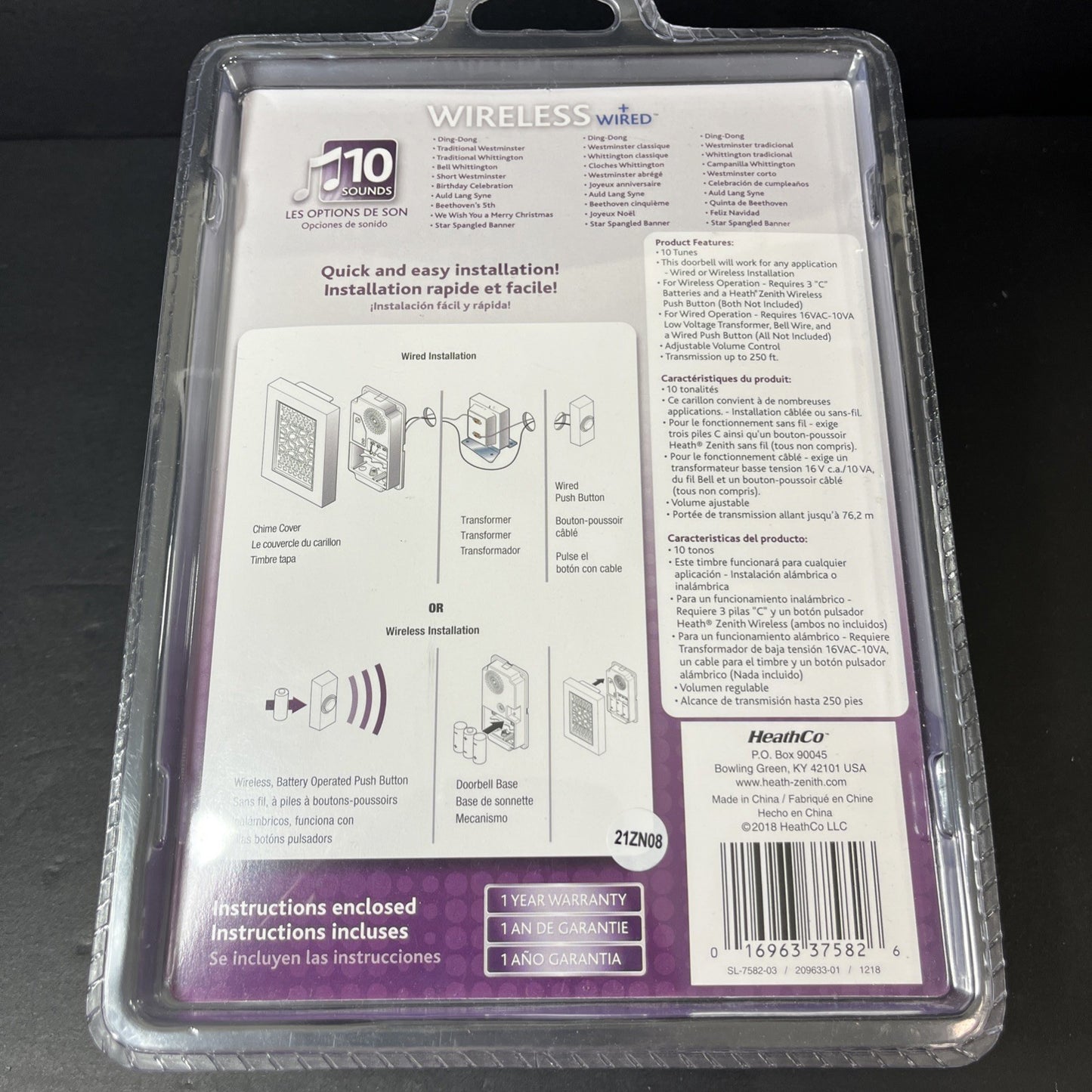 Heath Zenith SL-7582 Silver Plastic Design Wired and Wireless Doorbell Chime CN