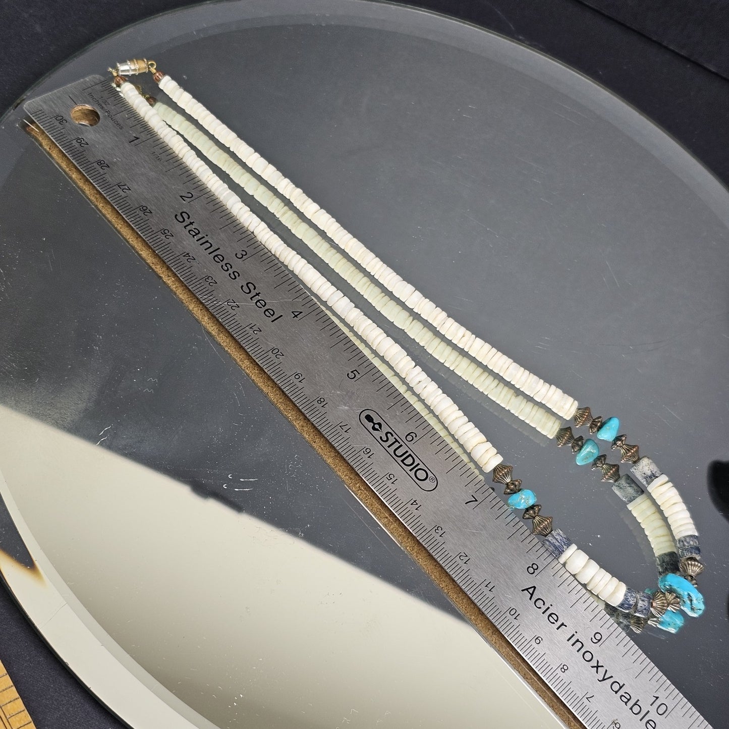 Vintage Authentic Southwest Graduated Puka Shell Necklace With Turquoise Stones