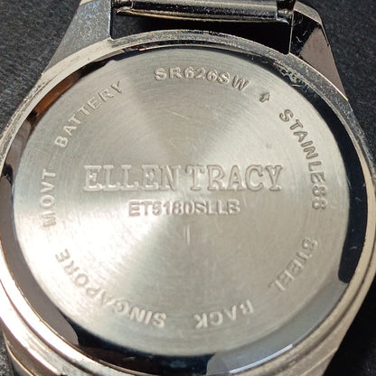 Ellen Tracy Silver Watch With Metal Band Rhinestones 34mm Face Good Condition