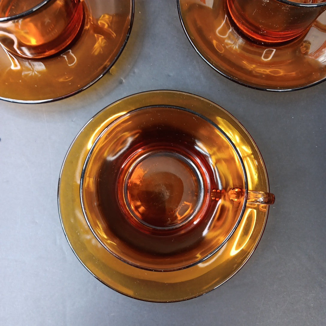 1970’s 3 Sets Duralex France Amber Glass Cups & Saucers Very Good Condition FR