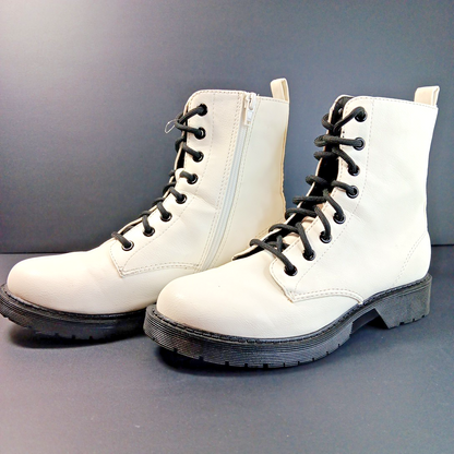Size 7 Women's Time & TRU Lug Combat Boot, White, Lace + Zip Up Punk Goth CN