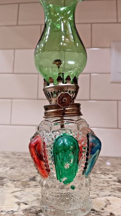 VINTAGE Miniature Green & Red Painted Glass Oil Lamp Lantern Made In Hong Kong