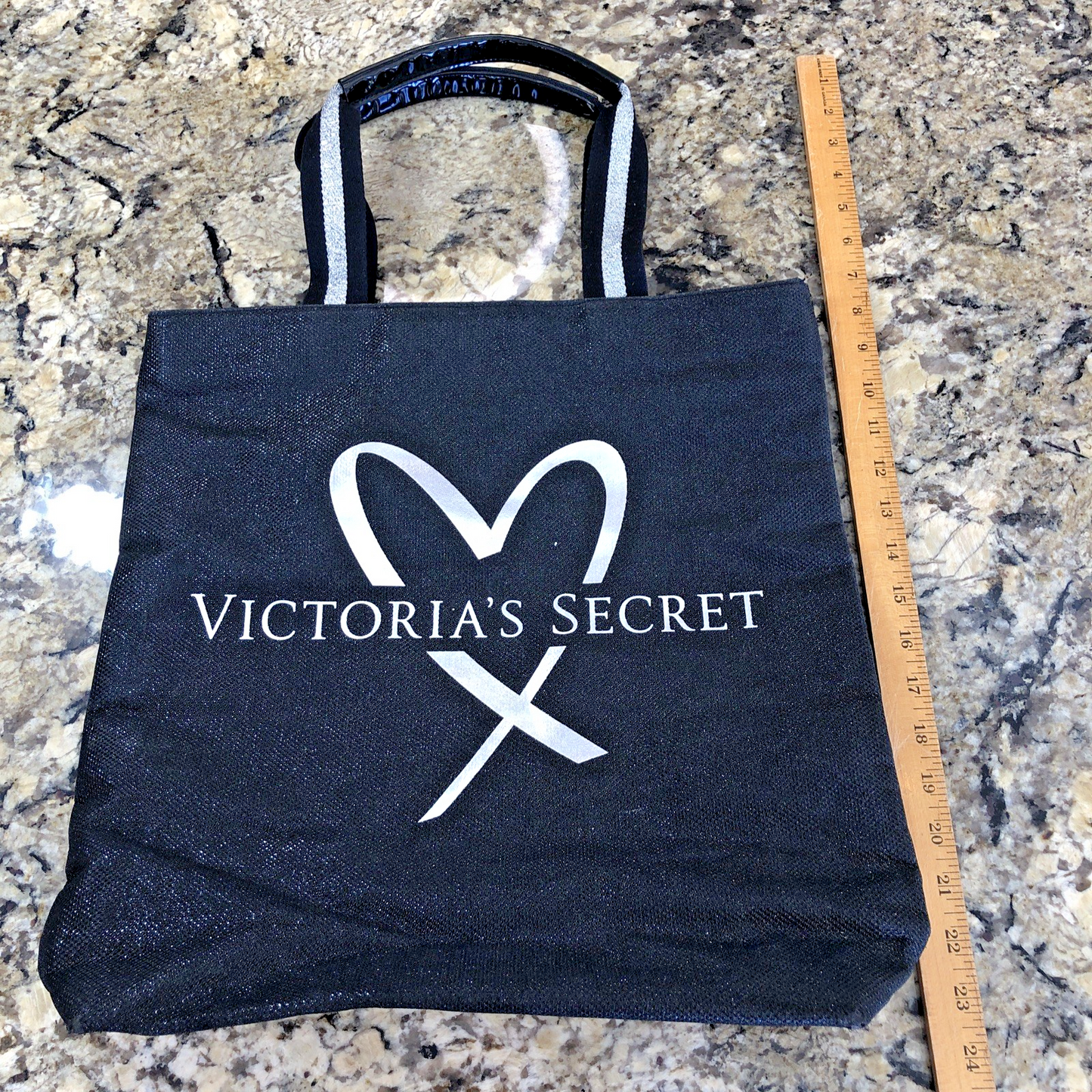 Victoria’s Secret Large Tote Bag Black Silver Heart Logo Handles Shimmery CN