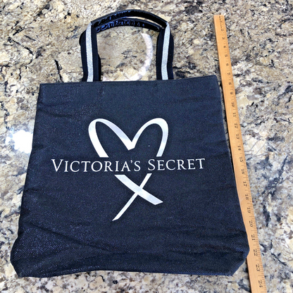 Victoria’s Secret Large Tote Bag Black Silver Heart Logo Handles Shimmery CN