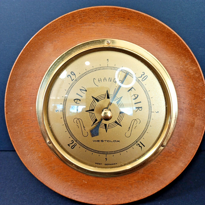 Rare Westclox Weather Barometer West Germany Made In Canada Wood And Brass