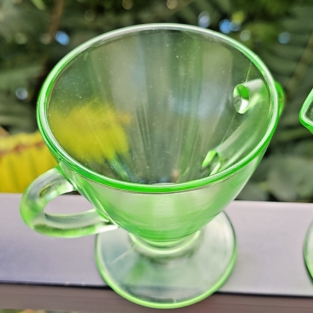 Uranium Glass Depression Glass Geiger UV Tested Sugar And Milk Cups Gorgeous!