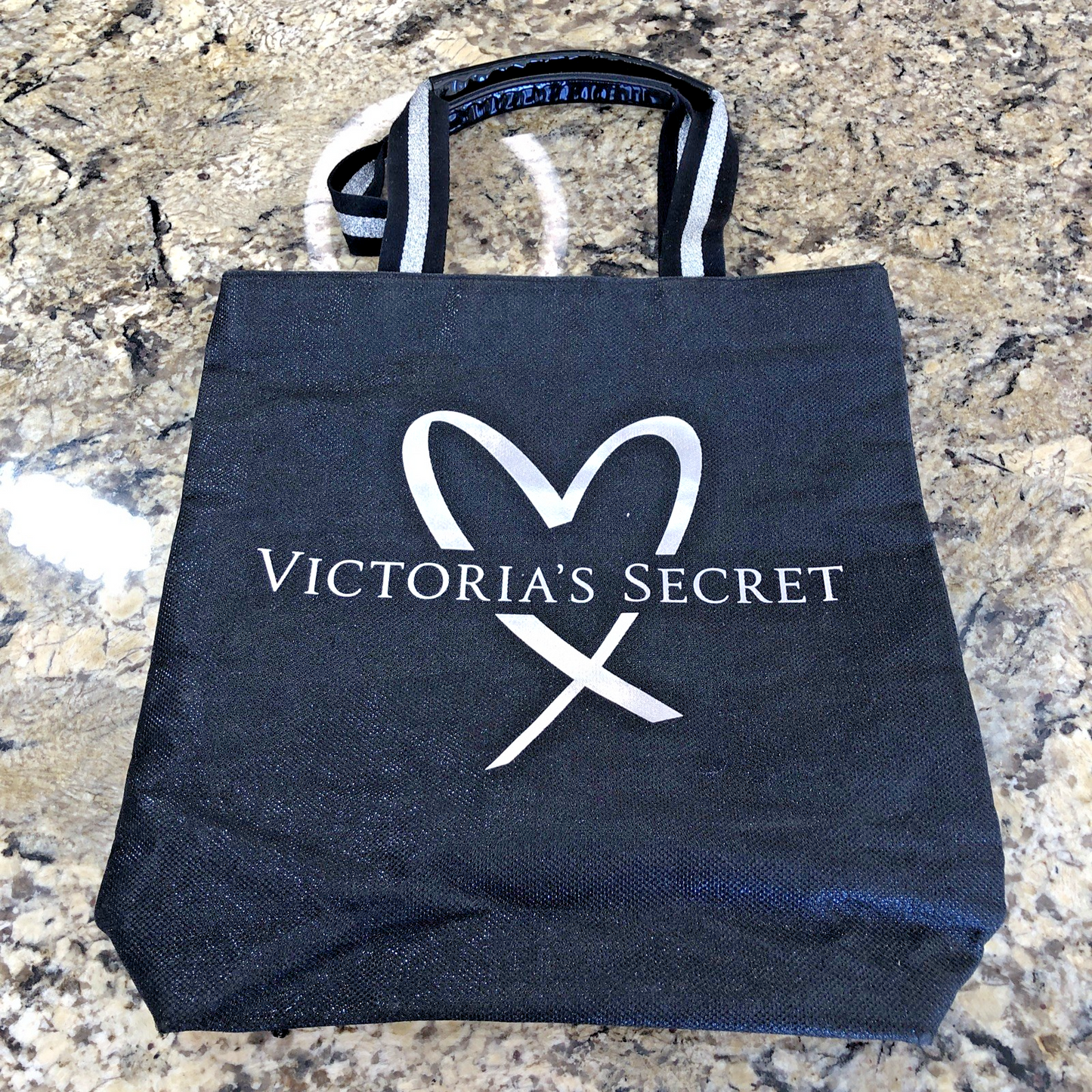 Victoria’s Secret Large Tote Bag Black Silver Heart Logo Handles Shimmery CN