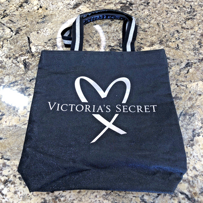 Victoria’s Secret Large Tote Bag Black Silver Heart Logo Handles Shimmery CN