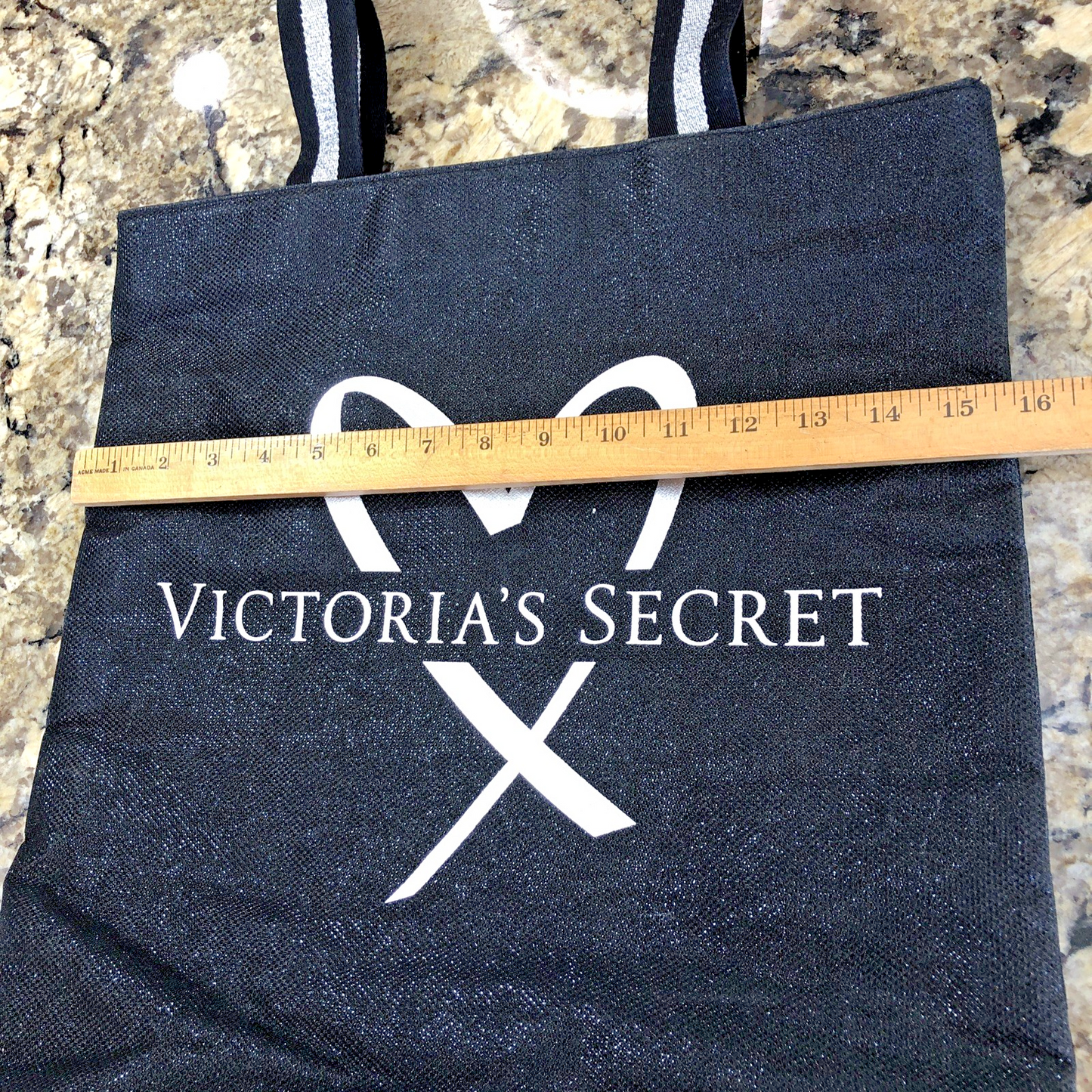 Victoria’s Secret Large Tote Bag Black Silver Heart Logo Handles Shimmery CN
