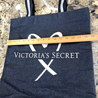 Victoria’s Secret Large Tote Bag Black Silver Heart Logo Handles Shimmery CN
