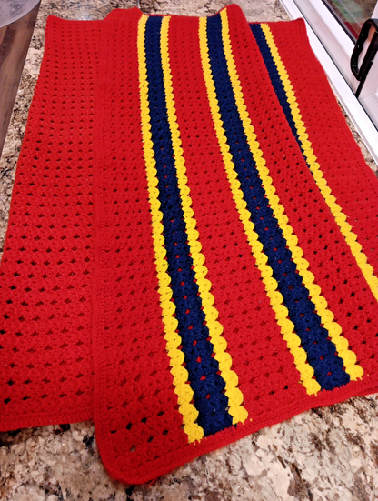 Vintage Red Blue Yellow Handmade Open Knit Crochet Afghan Throw Blanket 42 x 62
