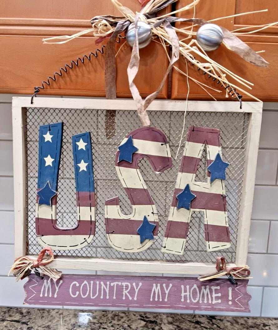 USA Folk Art Sign My Country Home Wooden Decor With Metal Spiral Hanger CN