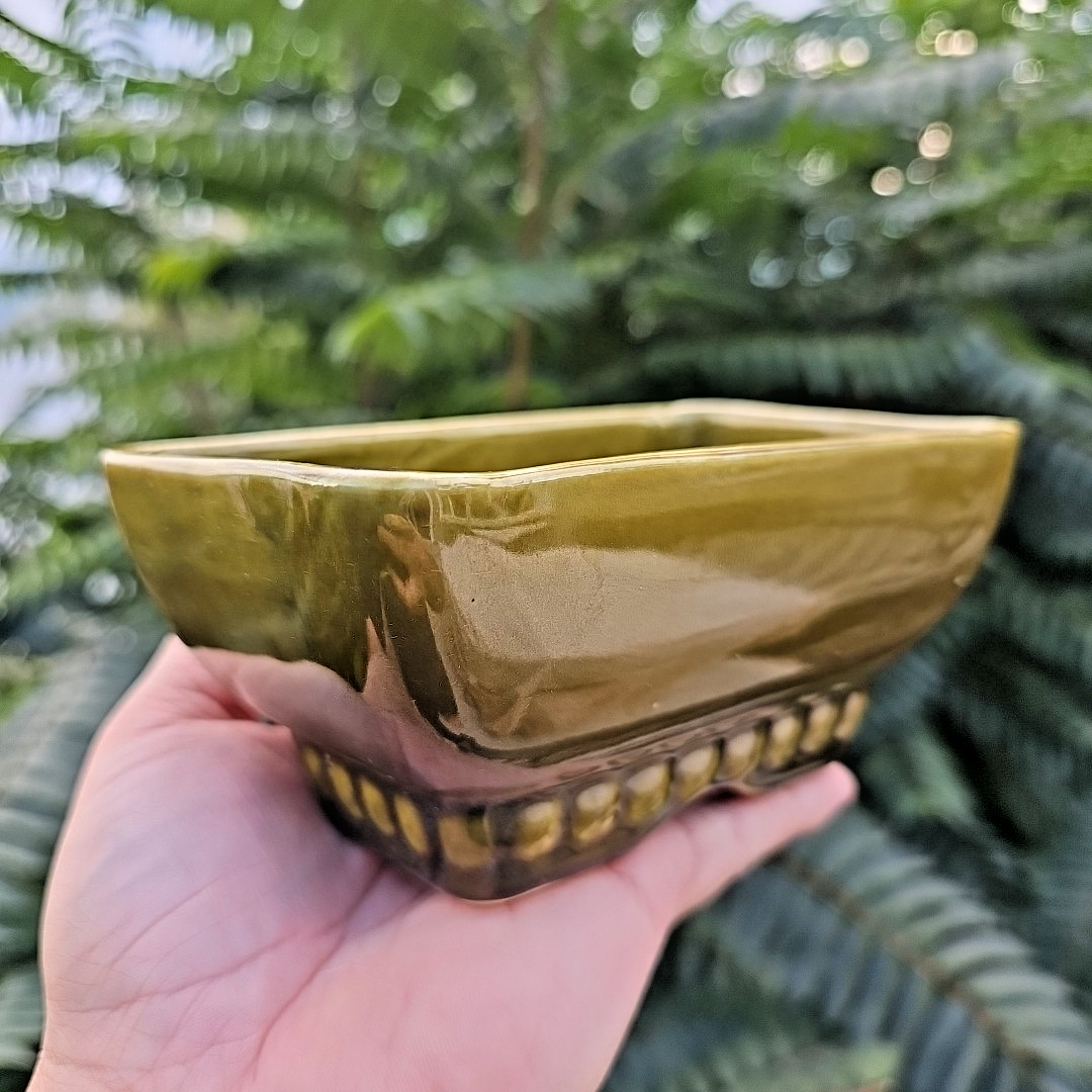 Vintage 404 6 USA Avocado Olive Green Rectangle Footed Pottery Planter