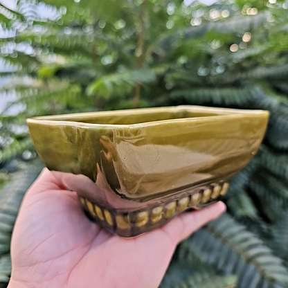 Vintage 404 6 USA Avocado Olive Green Rectangle Footed Pottery Planter