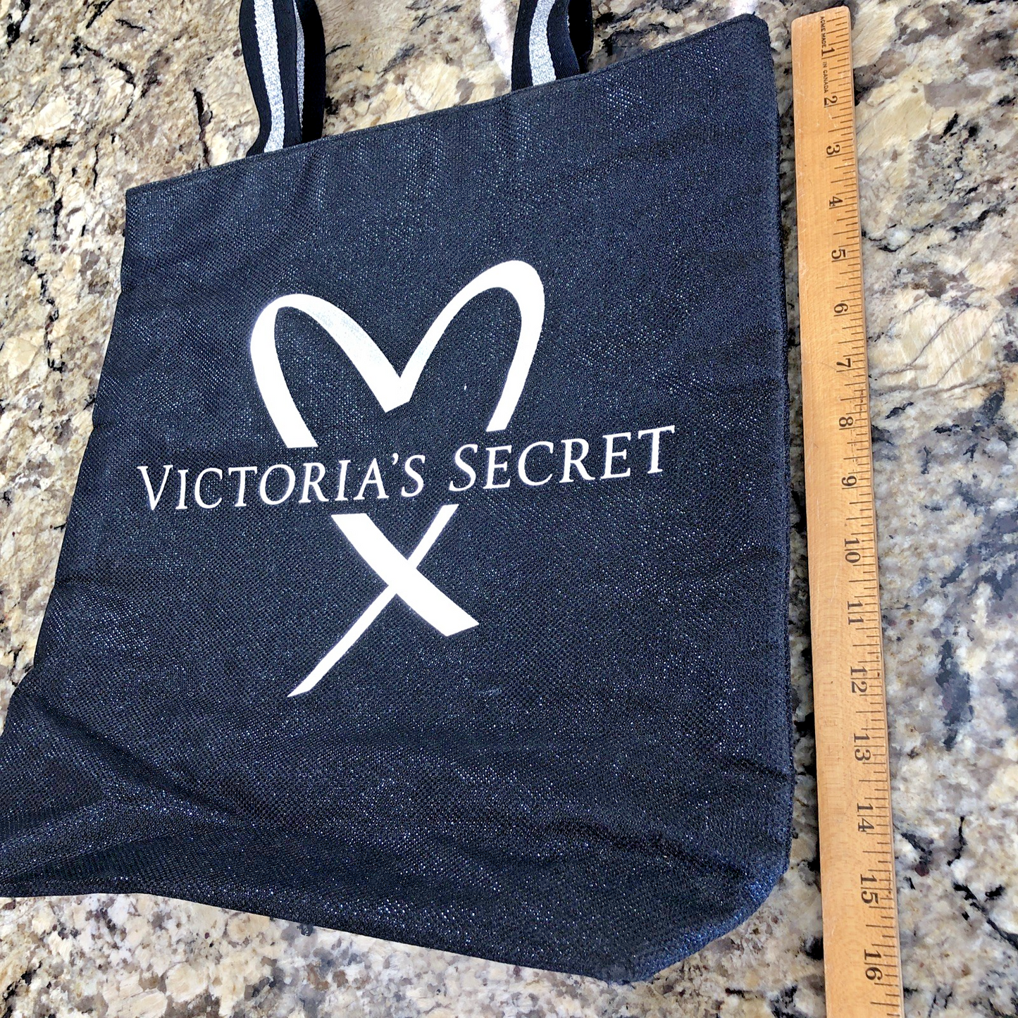 Victoria’s Secret Large Tote Bag Black Silver Heart Logo Handles Shimmery CN
