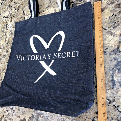 Victoria’s Secret Large Tote Bag Black Silver Heart Logo Handles Shimmery CN