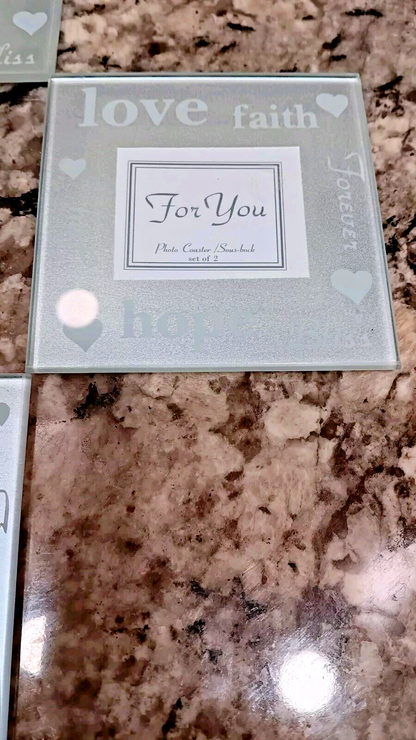 4 Glass Coasters-Room For a Picture in Each Frame. Says Love Hope Faith Bliss