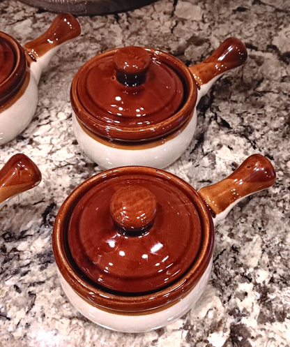 Vintage Set Of 4 Ceramic Onion Soup Bowls With Lids And Handle, Made In Taiwan