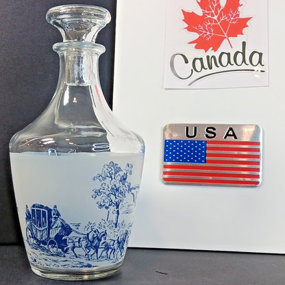 Vintage France Decanter w/ Stopper Stagecoach Boat Blue and White Frosted FRANCE