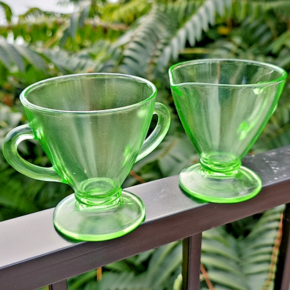 Uranium Glass Depression Glass Geiger UV Tested Sugar And Milk Cups Gorgeous!