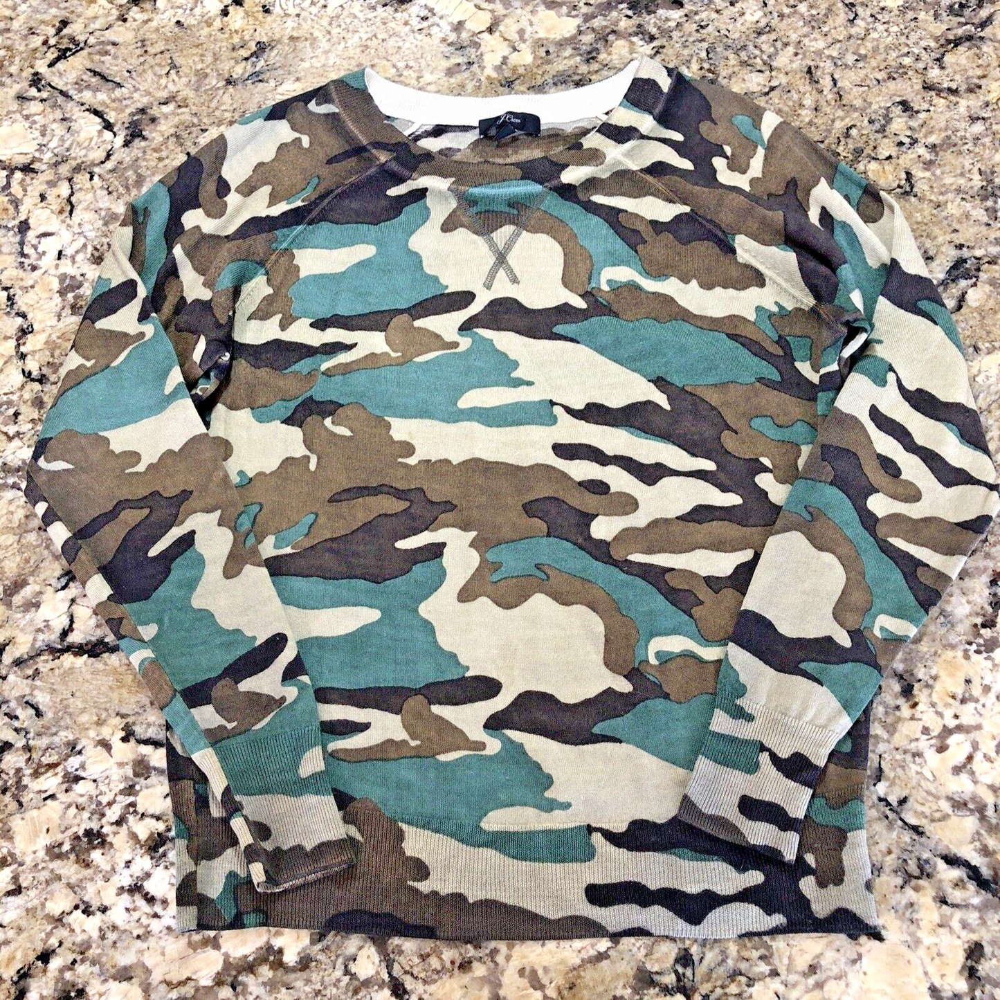 Size XS J. Crew WOOL CAMO Womens Sweater 100% Merino Light Weight Crew Neck CN