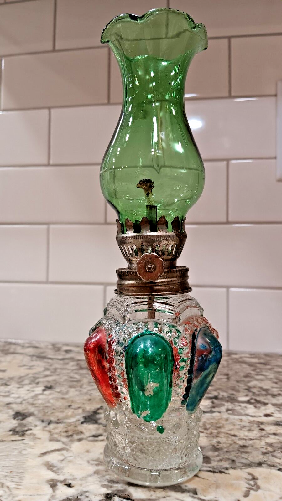 VINTAGE Miniature Green & Red Painted Glass Oil Lamp Lantern Made In Hong Kong