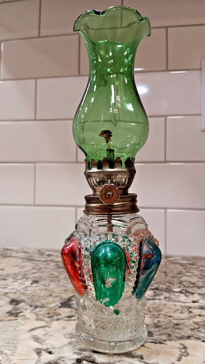VINTAGE Miniature Green & Red Painted Glass Oil Lamp Lantern Made In Hong Kong