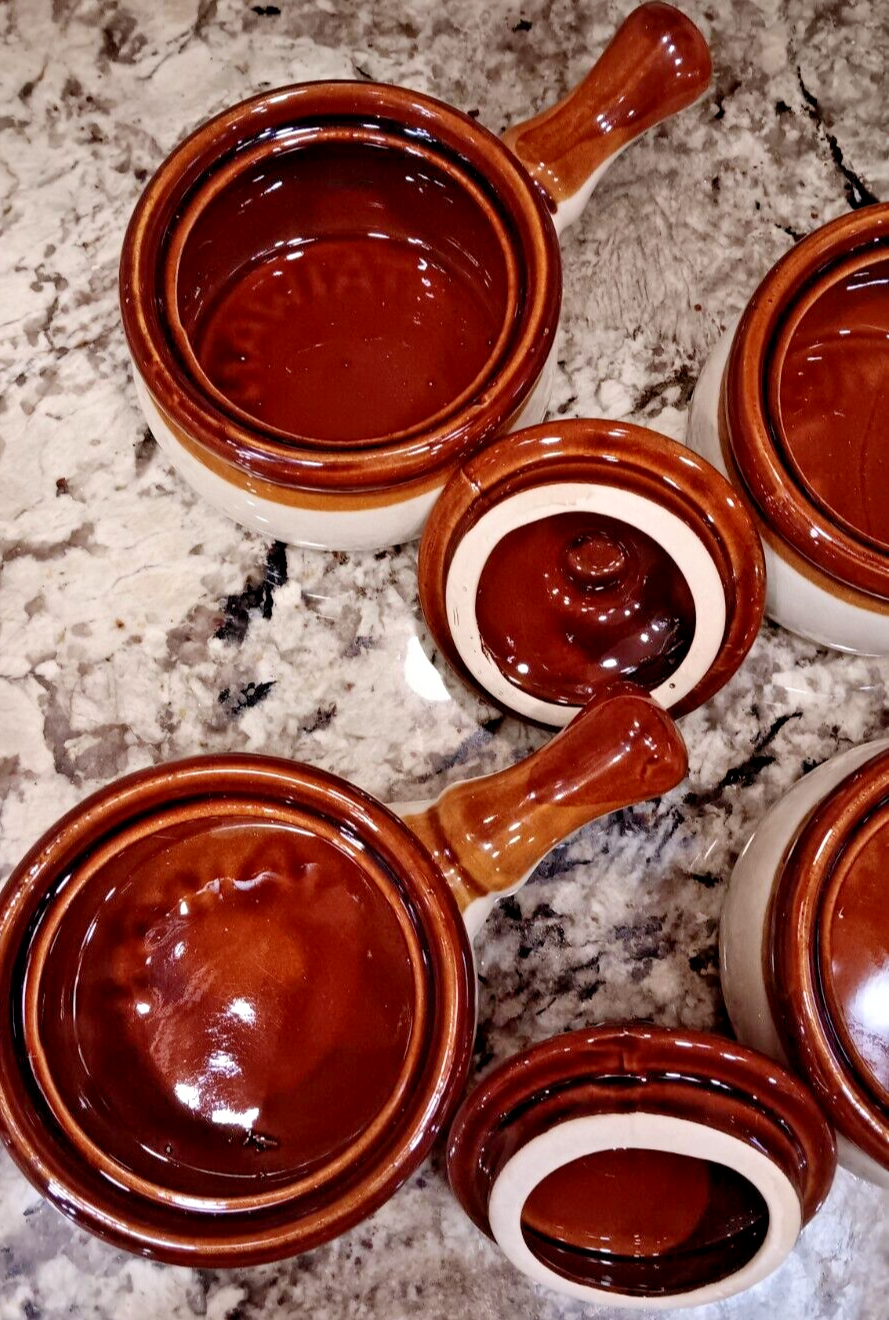 Vintage Set Of 4 Ceramic Onion Soup Bowls With Lids And Handle, Made In Taiwan