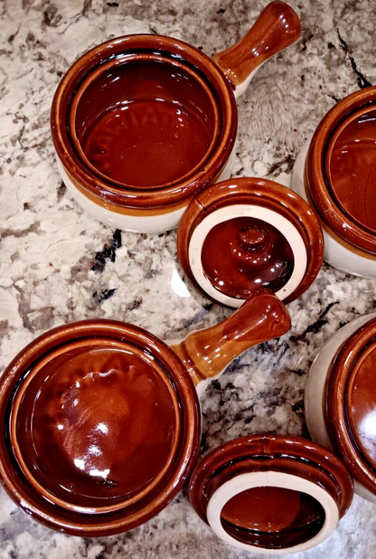 Vintage Set Of 4 Ceramic Onion Soup Bowls With Lids And Handle, Made In Taiwan