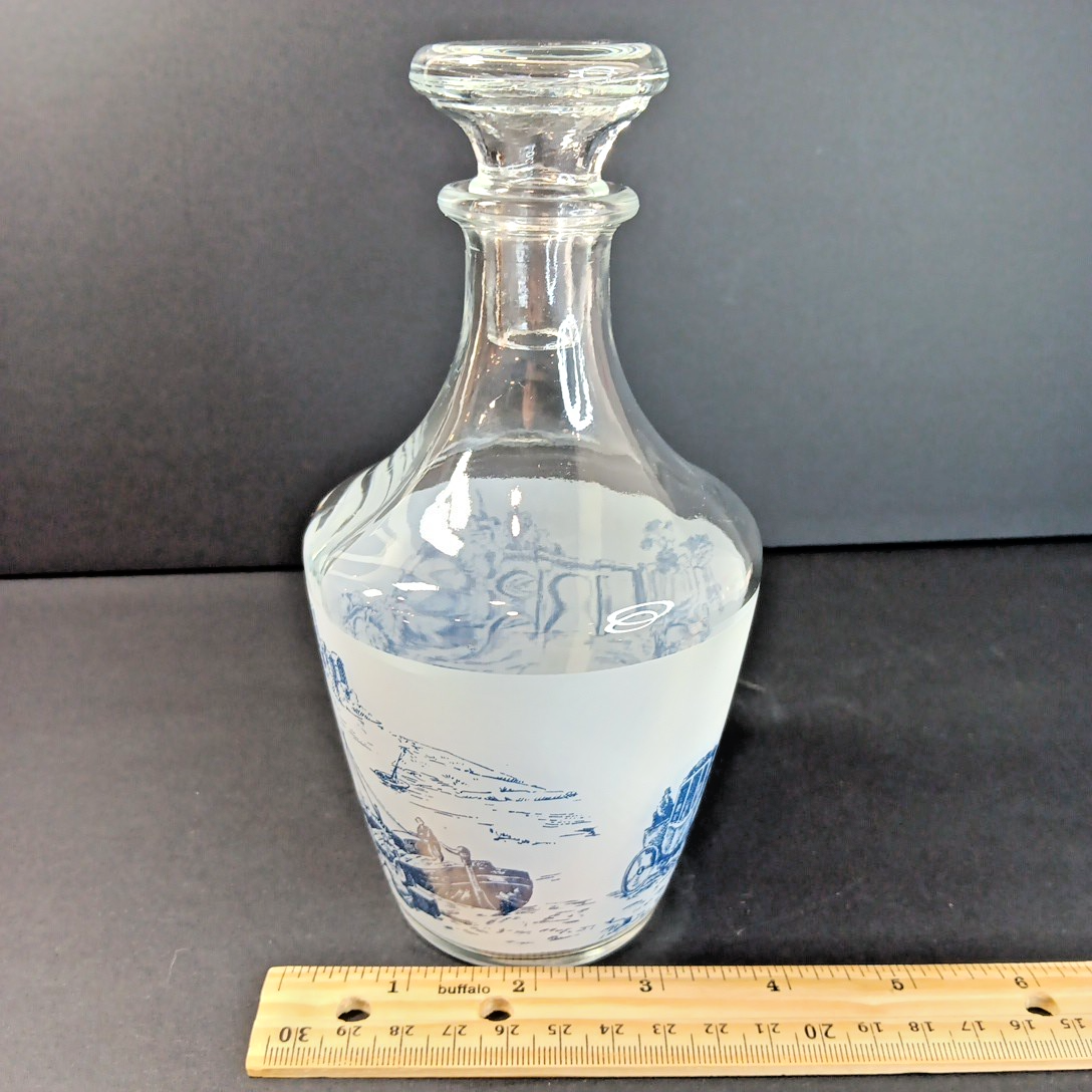 Vintage France Decanter w/ Stopper Stagecoach Boat Blue and White Frosted FRANCE